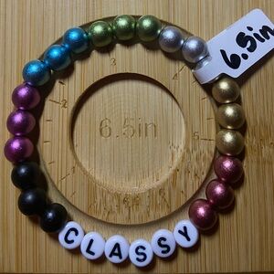 Matte Metallic Multicolor Beaded Bracelet with 'Classy' Charm ~ 6.5in.